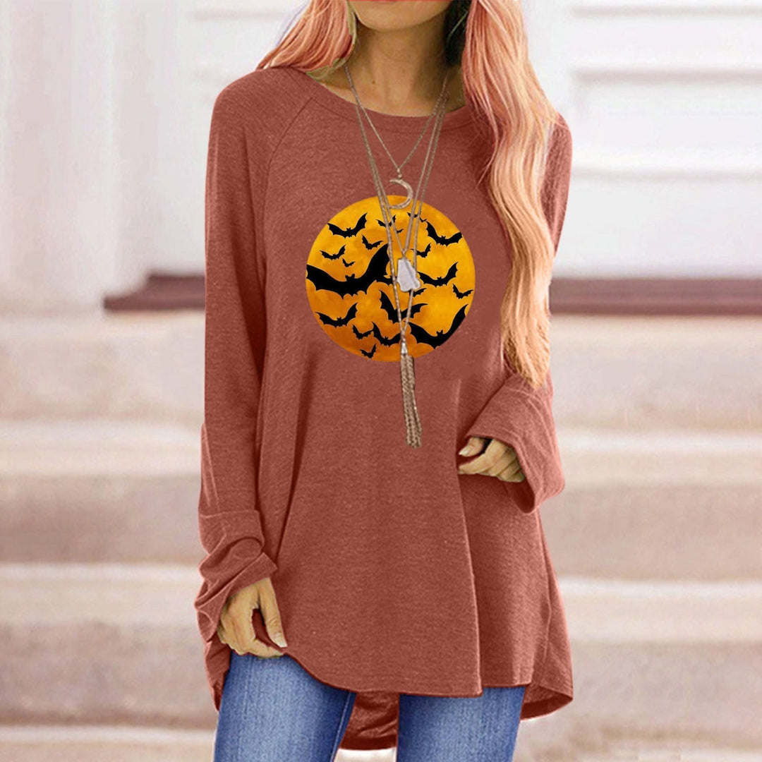 Tunica donna manica lunga Halloween con grafica spettrale: pipistrelli e luna. Ideale per l'autunno.