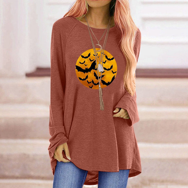 Tunica donna manica lunga Halloween con grafica spettrale: pipistrelli e luna. Ideale per l'autunno.