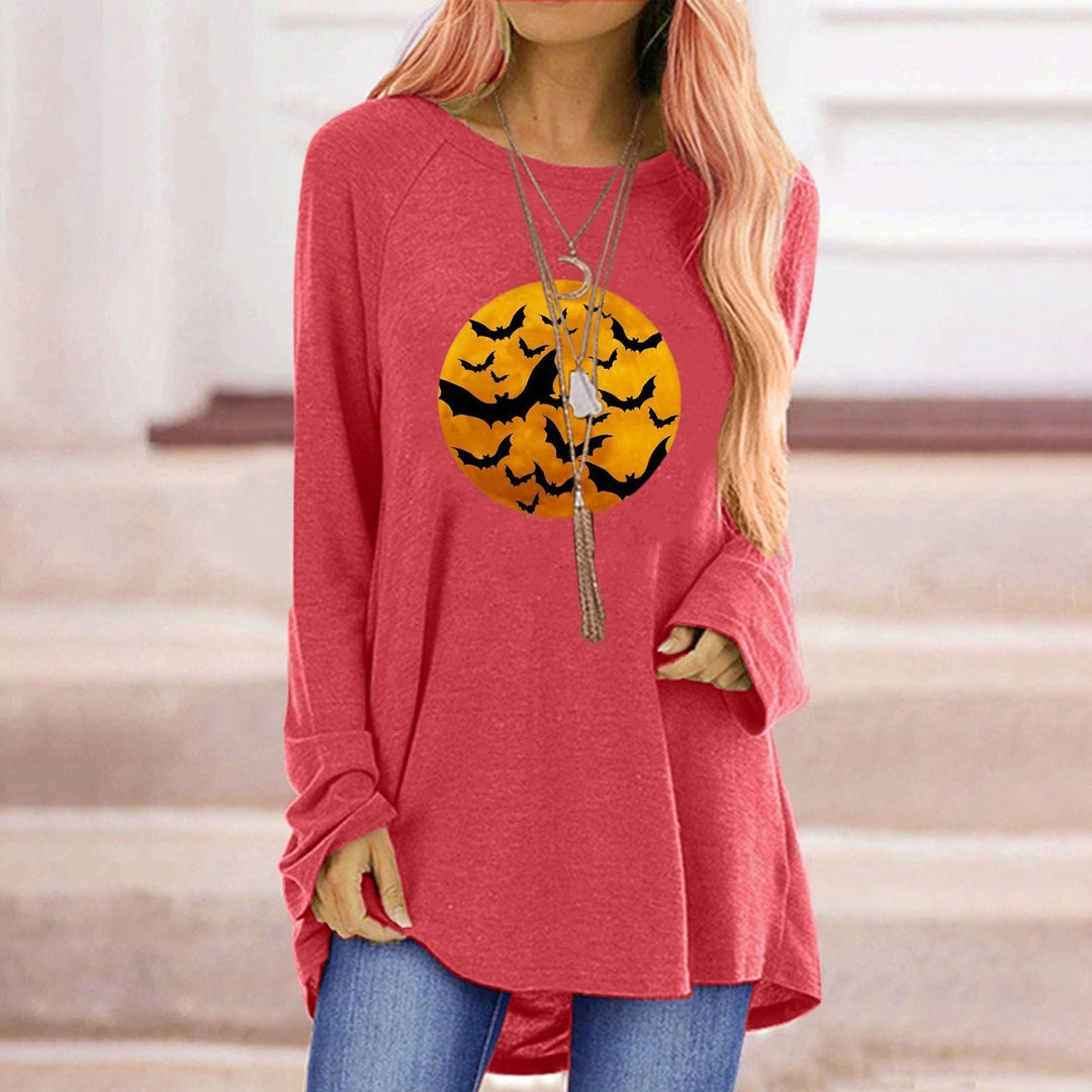 Maglietta donna Halloween casual, manica lunga con stampa grafica pipistrello e luna. Ideale per festa.