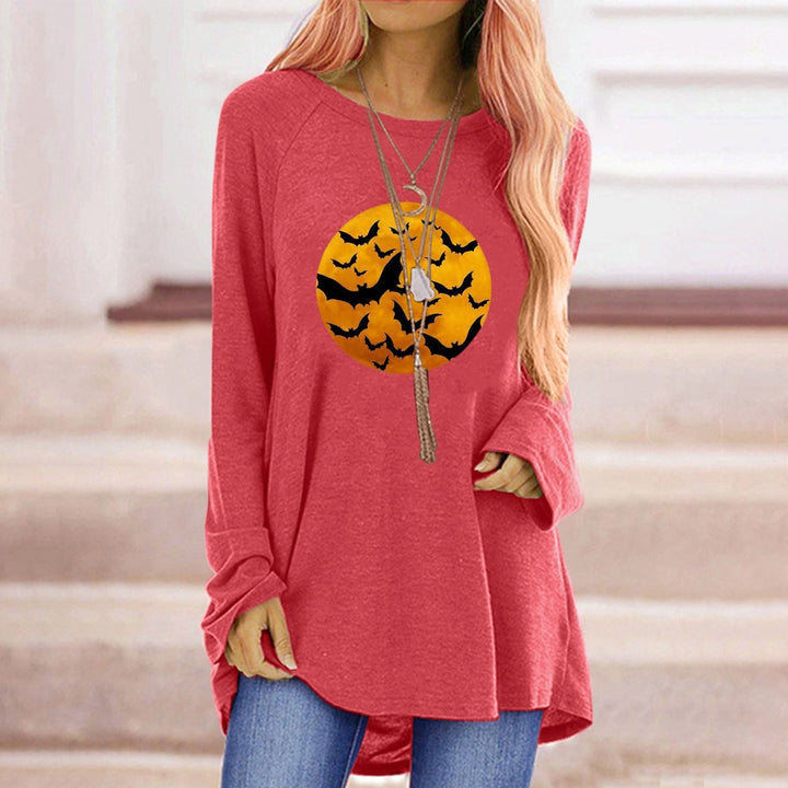 Maglietta donna Halloween casual, manica lunga con stampa grafica pipistrello e luna. Ideale per festa.