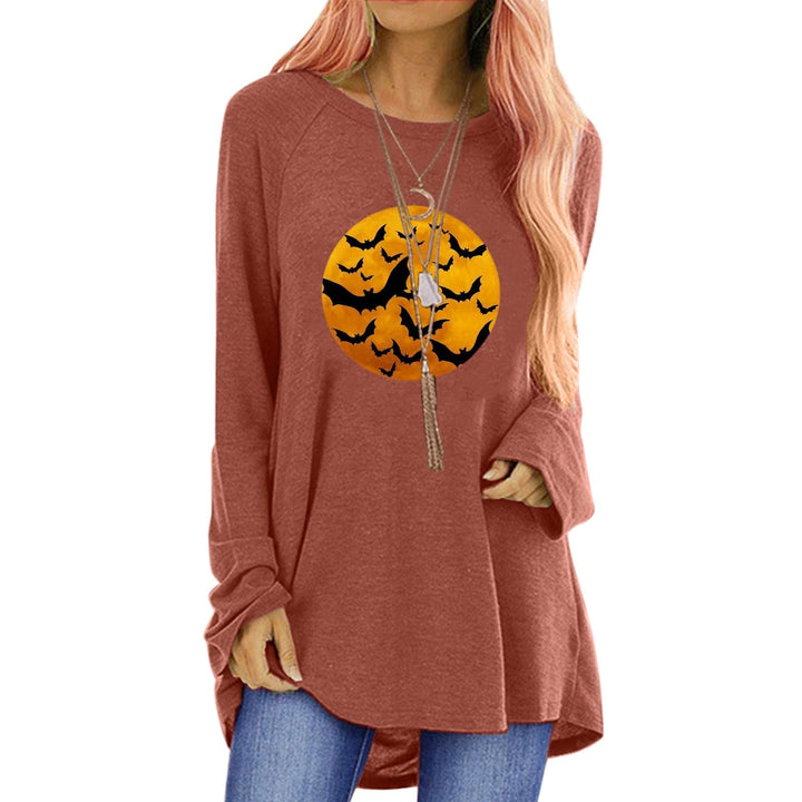 Maglietta donna autunnale Halloween, manica lunga con stampa spettrale di luna e pipistrelli. Ottima per feste.