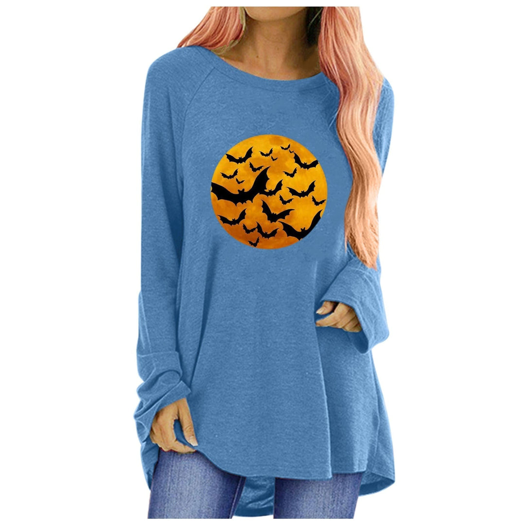 Girocollo donna Halloween, maglietta manica lunga casual con grafica di pipistrello e luna. Perfetta per feste.