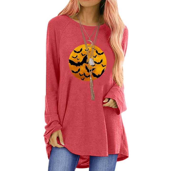 Maglietta casual donna Halloween, tunica oversize manica lunga con grafica di pipistrelli e luna. Per l'autunno.