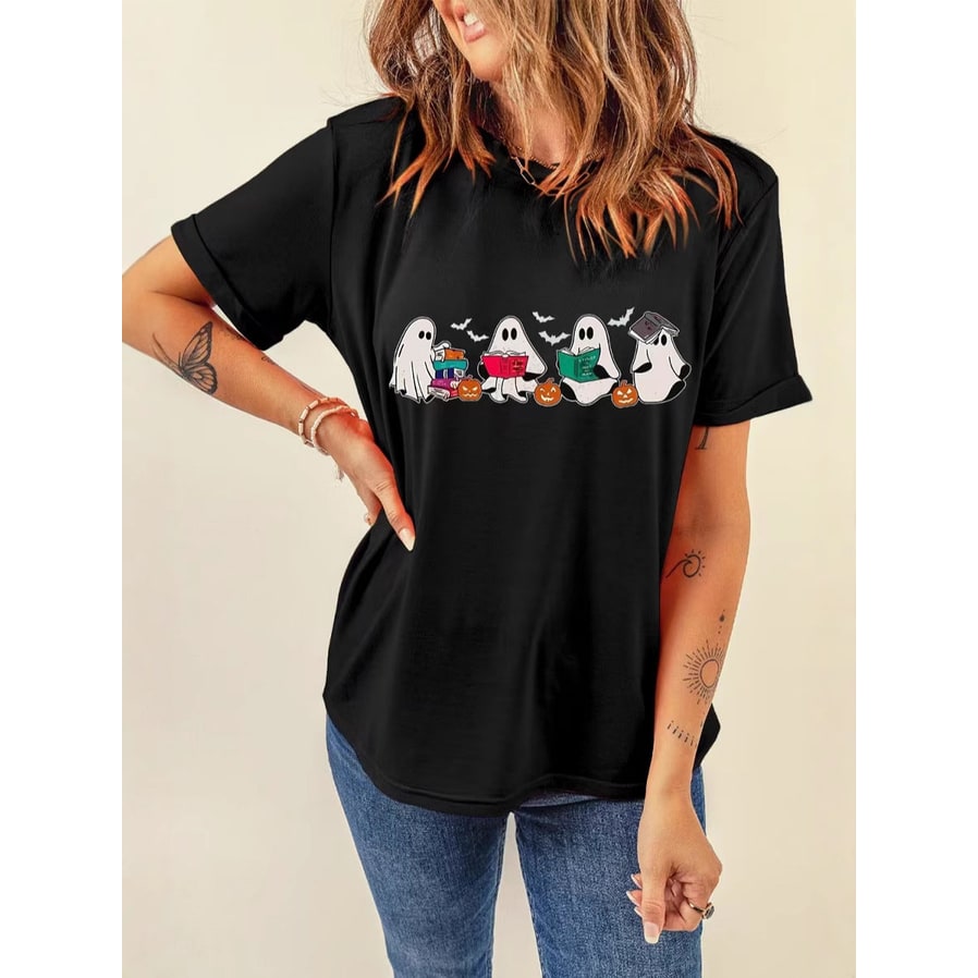 Maglietta t-shirt donna per Halloween con stampa zucca e fantasma. Abbigliamento comodo e festivo per l'autunno.