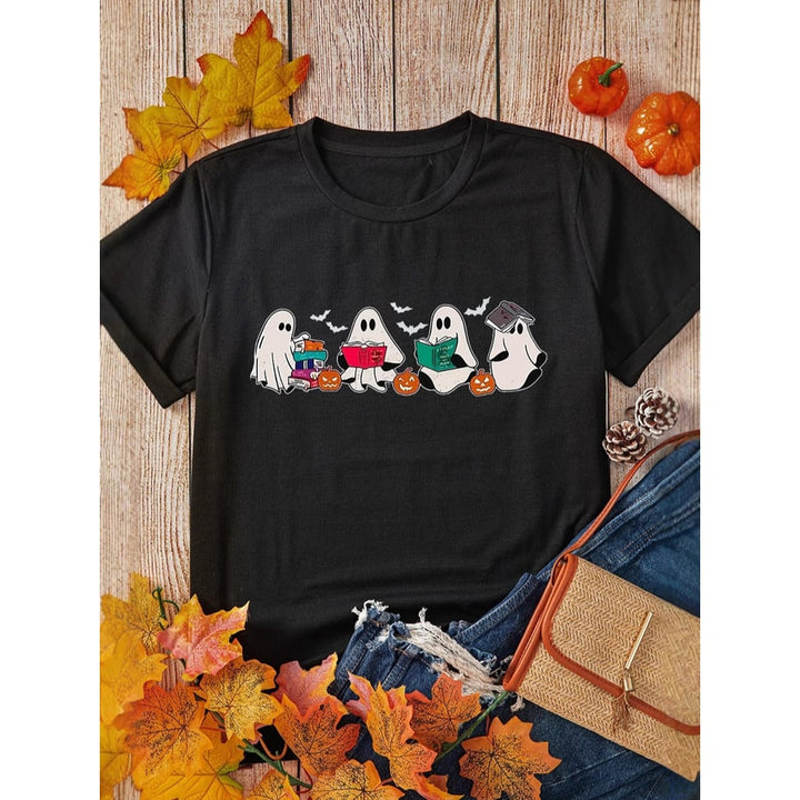 Maglietta donna Halloween festiva con zucca e fantasma. T-shirt casual e comoda, perfetta per la moda autunnale.