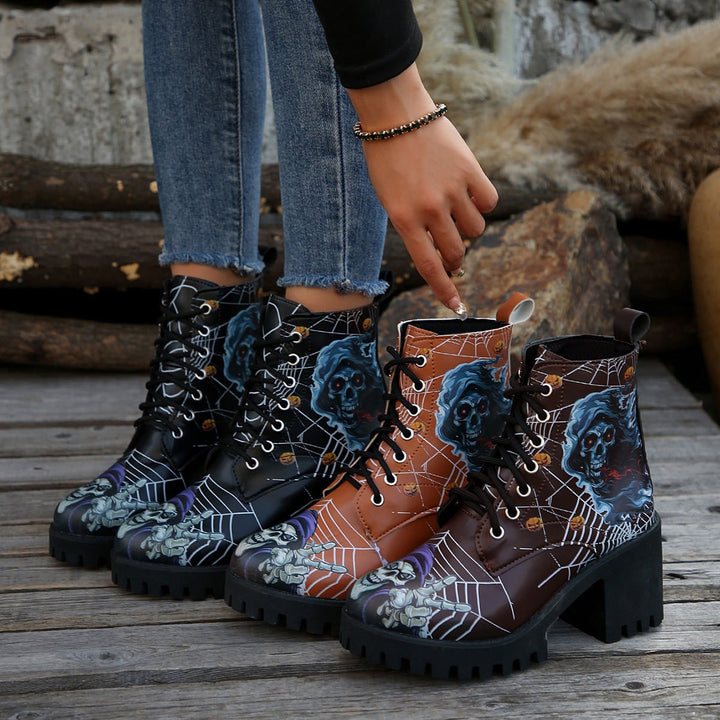 Stivali da combattimento donna per Halloween, neri, con design ragnatela e tacco alto.