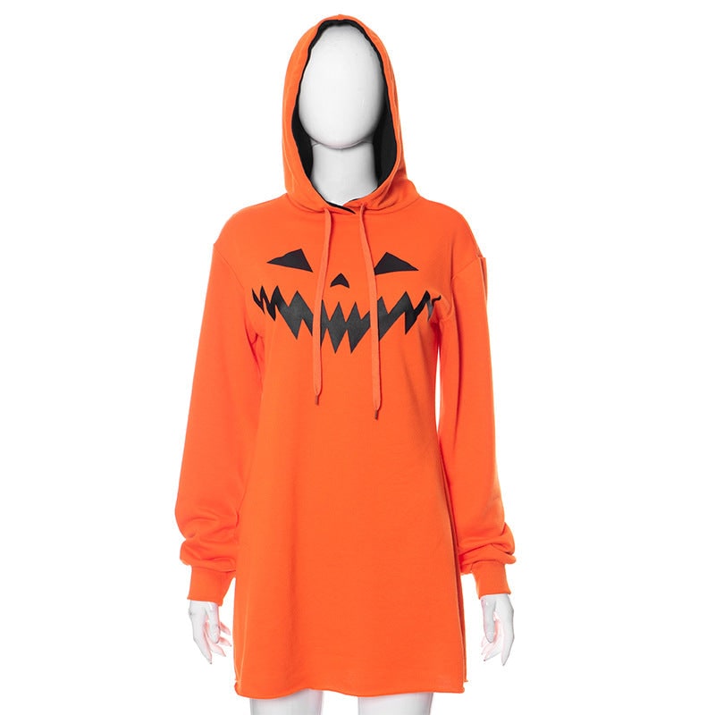 Abito party Halloween donna: felpa con cappuccio regolabile e stampa zucca. Perfetto per look festivo casual.