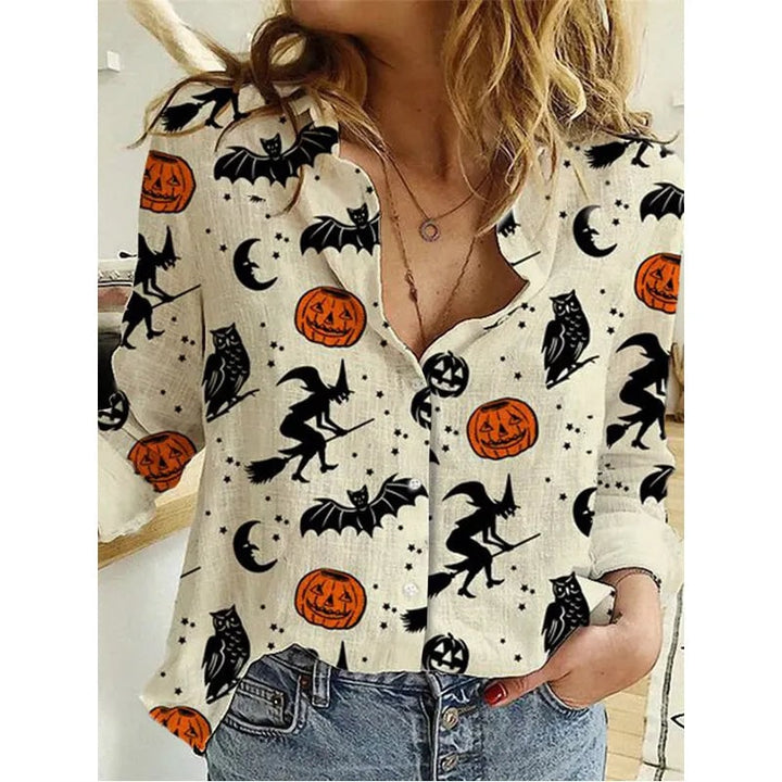 Elegante camicetta donna a maniche lunghe per Halloween, con vivace stampa di streghe, zucche e pipistrelli.