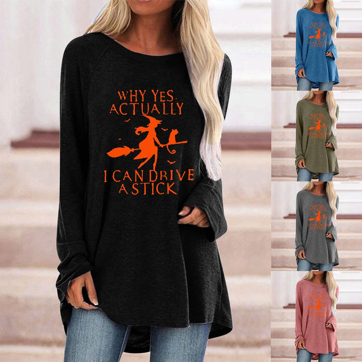 Tunica donna Halloween con stampa strega, manica lunga, perfetta per feste autunnali. Comoda e casual.