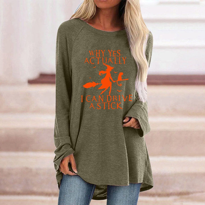 Tunica oversize da donna per feste di Halloween, manica lunga, stampa strega. Regalo autunnale perfetto.