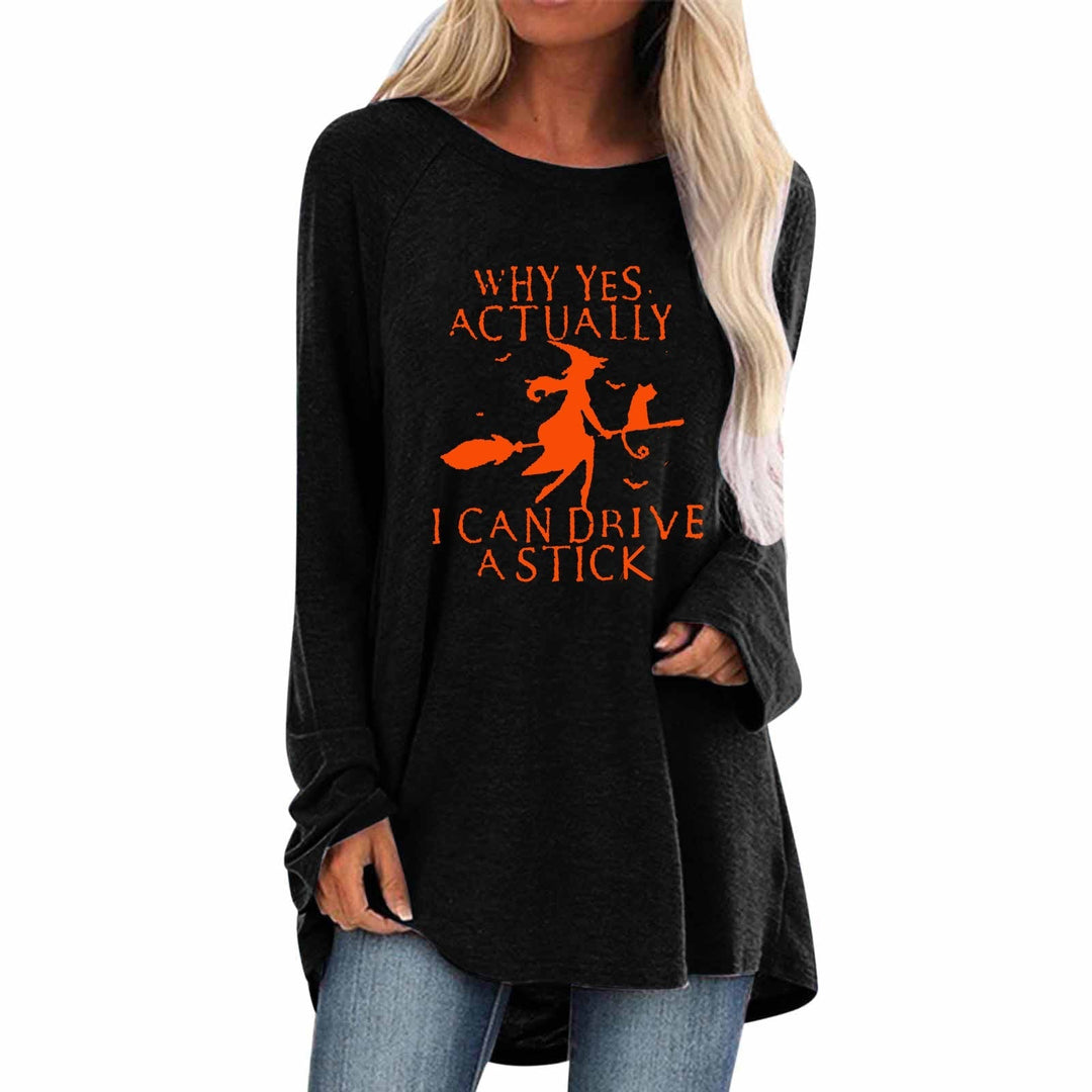 Tunica casual da donna per Halloween, manica lunga e stampa strega, comoda e alla moda per l'autunno.