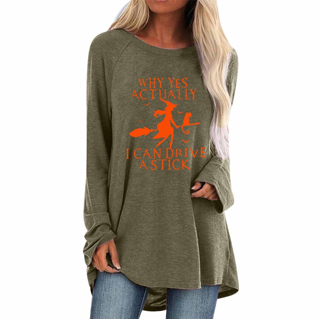 Tunica lunga da donna con stampa strega, ideale per Halloween, feste o un look autunnale comodo.