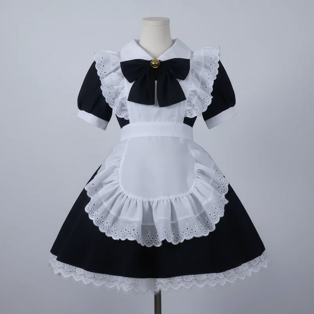 Elegante costume da cameriera Halloween per donna, con grembiule e raffinati dettagli in pizzo.