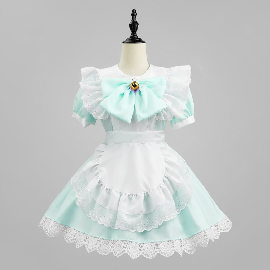 Travestimento da cameriera donna per Halloween, con grembiule bianco e finiture in pizzo nero.