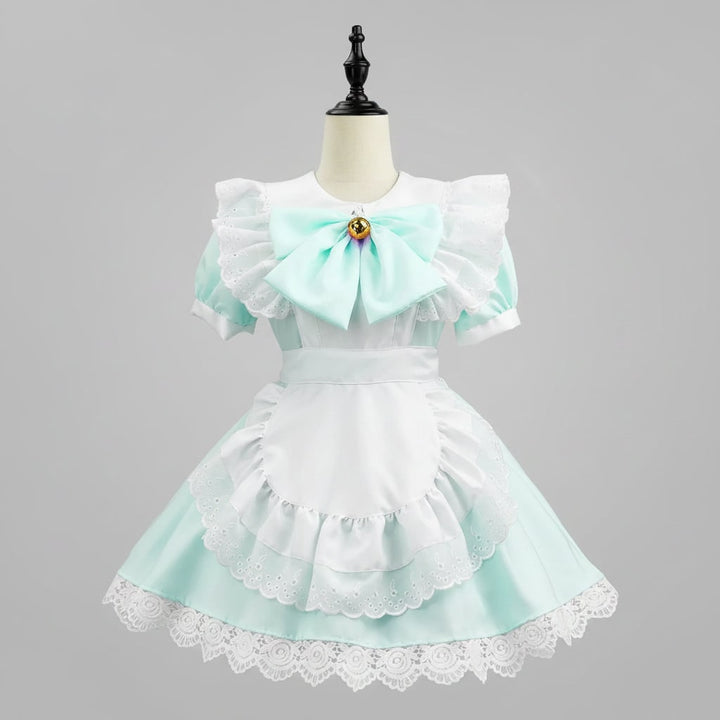 Travestimento da cameriera donna per Halloween, con grembiule bianco e finiture in pizzo nero.