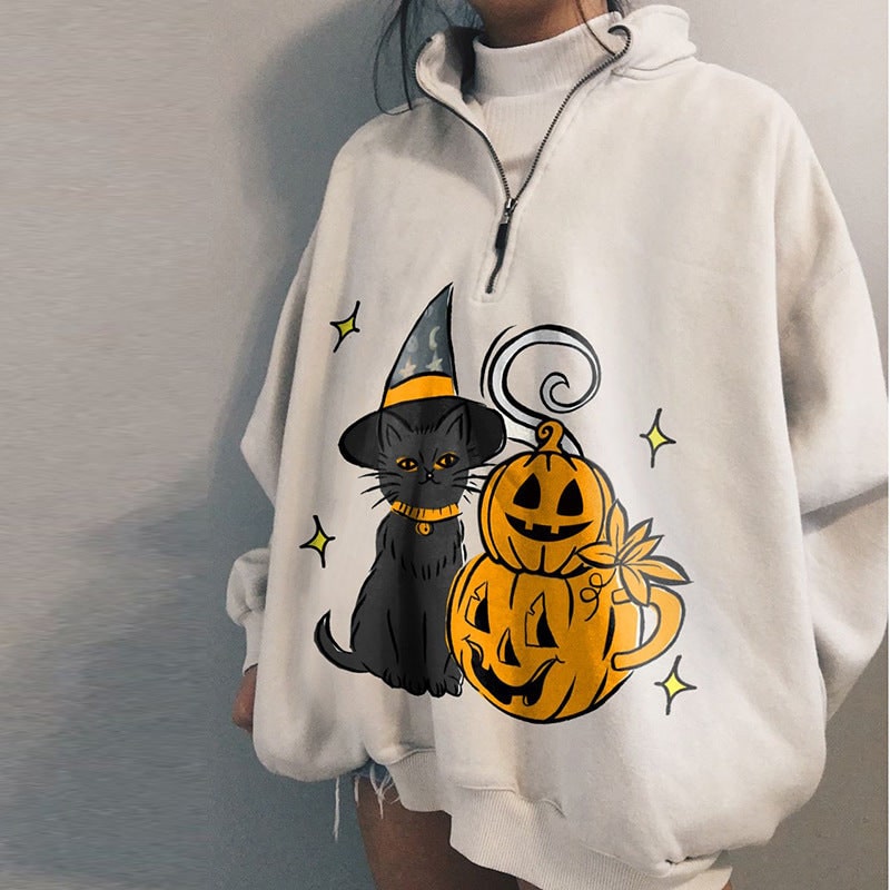 Felpa autunnale da donna oversize per Halloween. Collo alto e zip. Confortevole con design festivo di gatto e zucca.