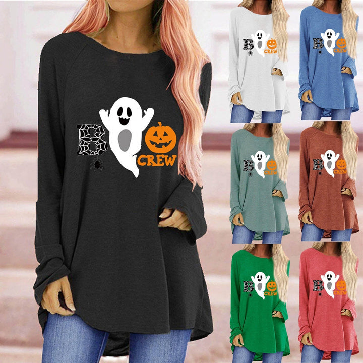 Maglietta donna Halloween maniche lunghe stampa zucca e fantasma, stile casual. Perfetta per l'autunno.