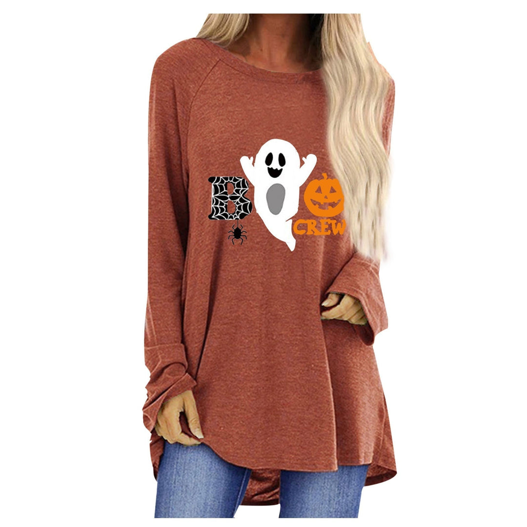Maglietta comoda donna, maniche lunghe, fantasia zucca e fantasma, perfetta per l'autunno e Halloween.