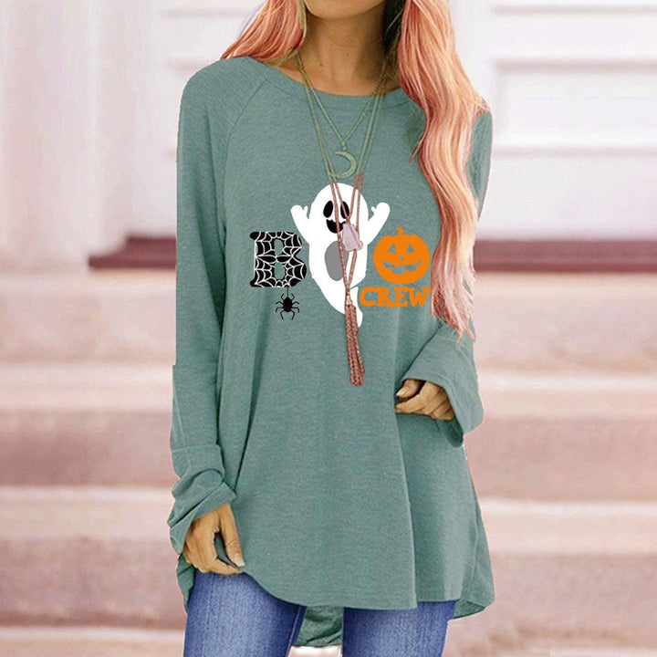 Abbigliamento festivo donna, maglia autunnale con stampa zucca e fantasma. Ottima come regalo Halloween.