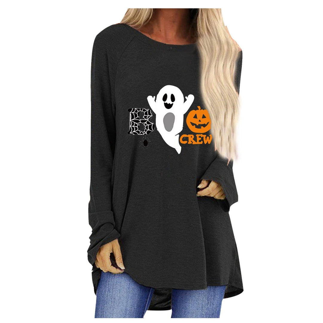 Maglietta casual donna Halloween, maniche lunghe, stampa vivace zucche e fantasmi per un party unico.