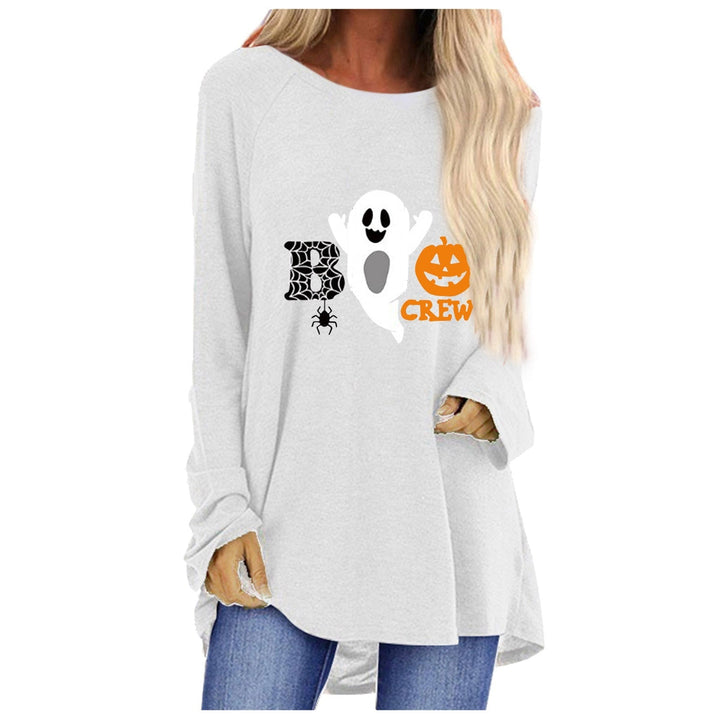 Maglietta donna per Halloween, maniche lunghe, design unico con zucche e fantasmi stilizzati. Stile autunnale.