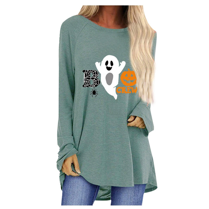 Abbigliamento donna autunnale, maglietta maniche lunghe con stampa zucche e fantasmi per Halloween. Comoda.