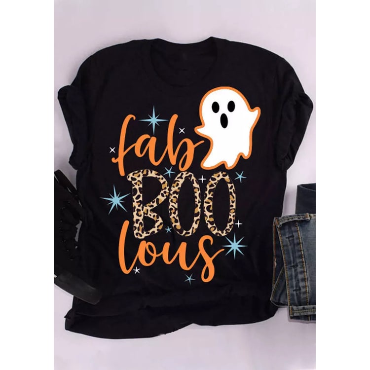 Abbigliamento festivo: maglietta donna Halloween con fantasma e stampa leopardata. Stile vintage per un costume facile.