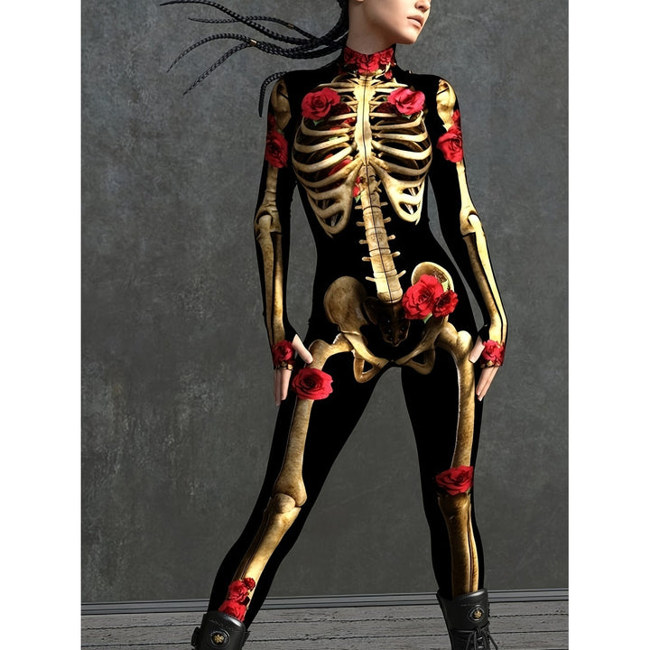 Tuta costume scheletro donna Halloween aderente con maniche lunghe e decorazioni a rose per festa spettrale.
