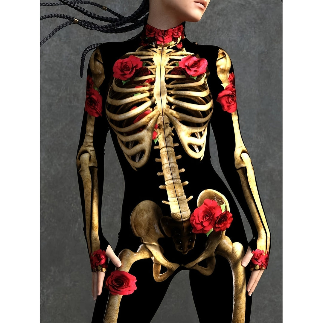 Costume scheletro donna Halloween, tuta aderente nera con stampa ossa e rose rosse per un look da festa.