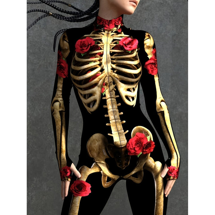 Costume scheletro donna Halloween, tuta aderente nera con stampa ossa e rose rosse per un look da festa.