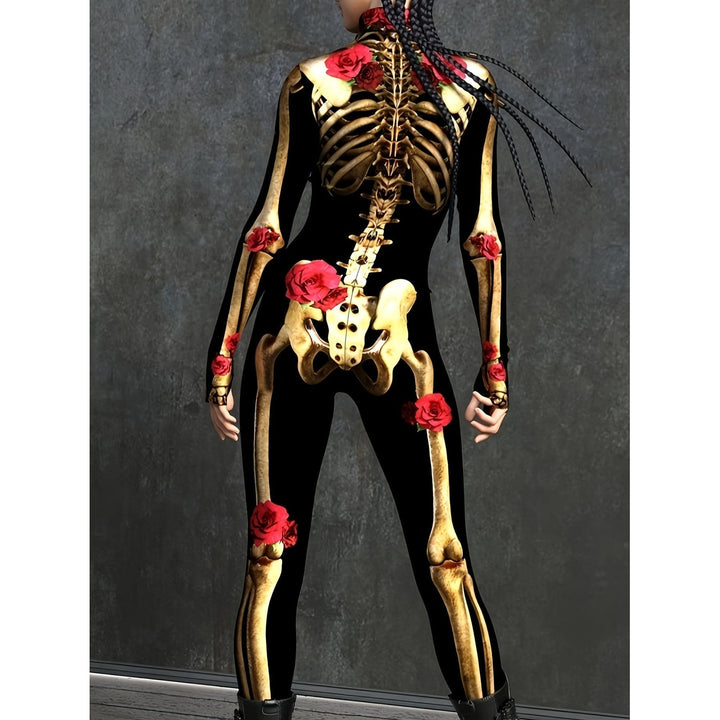 Travestimento Halloween donna: tuta scheletro con rose, maniche lunghe, ideale per party a tema e cosplay spettrale.