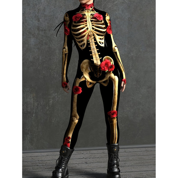 Tuta costume donna scheletro con dettagli a rose e maniche lunghe, perfetta per un Halloween elegante e spettrale.
