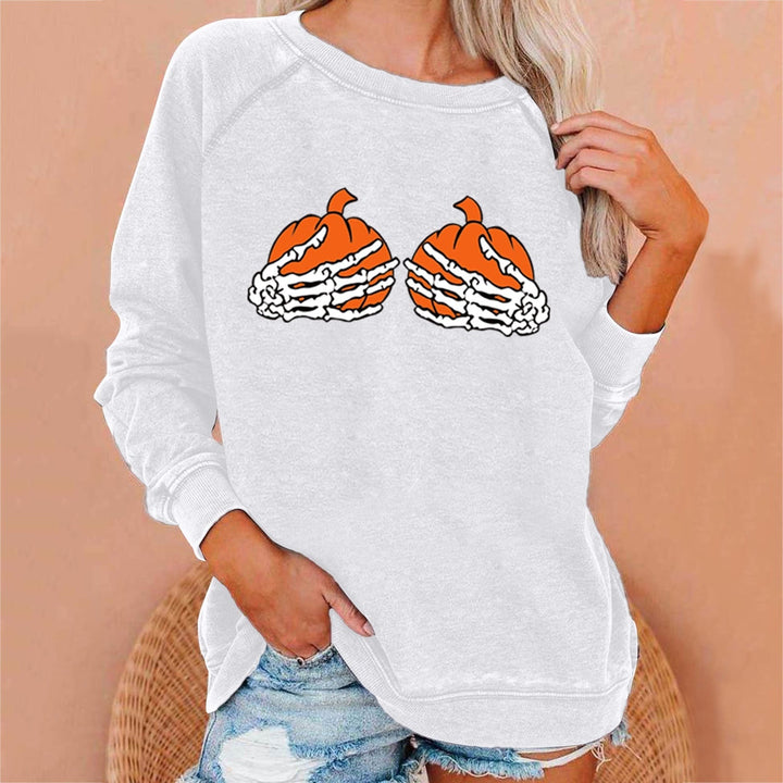 Abbigliamento festivo donna: felpa spettrale girocollo Halloween con stampa scheletro e zucca.