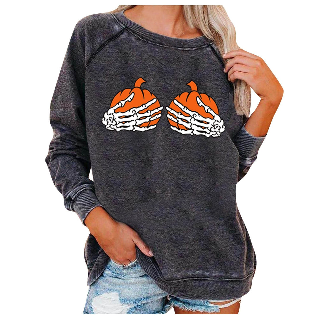 Felpa da donna spettrale per Halloween con scheletro e zucca, design girocollo per comfort casual.
