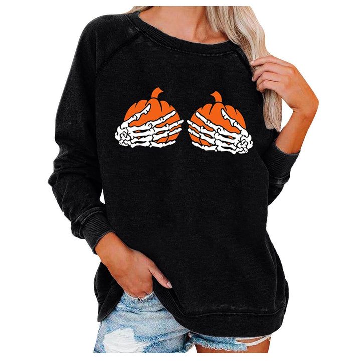 Girocollo donna Halloween, felpa casual con motivi di scheletro e zucca. Ideale per l'abbigliamento autunnale.