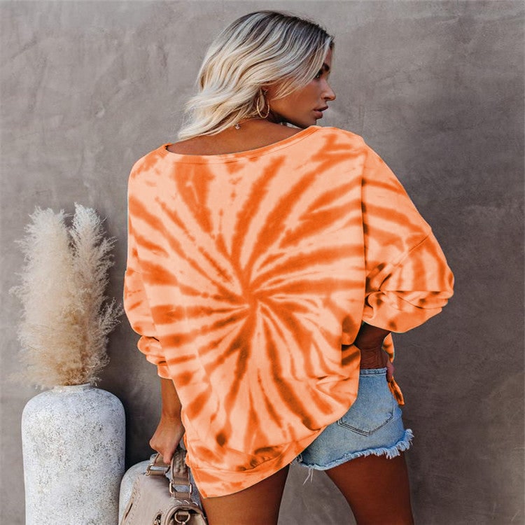 Felpa donna Halloween con design zucca Jack-O'-Lantern e motivo tie-dye. Ideale per un look autunnale comodo e festivo.