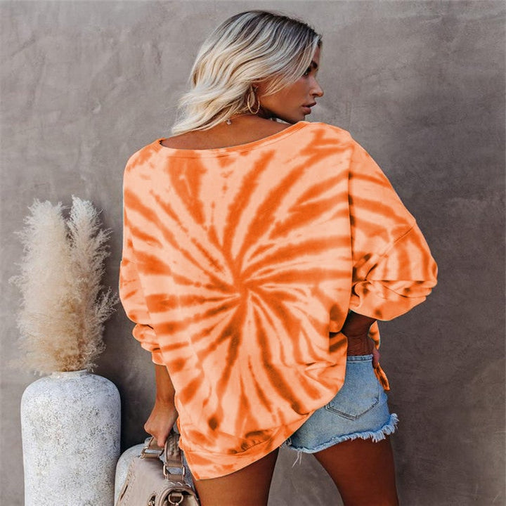 Felpa donna Halloween con design zucca Jack-O'-Lantern e motivo tie-dye. Ideale per un look autunnale comodo e festivo.