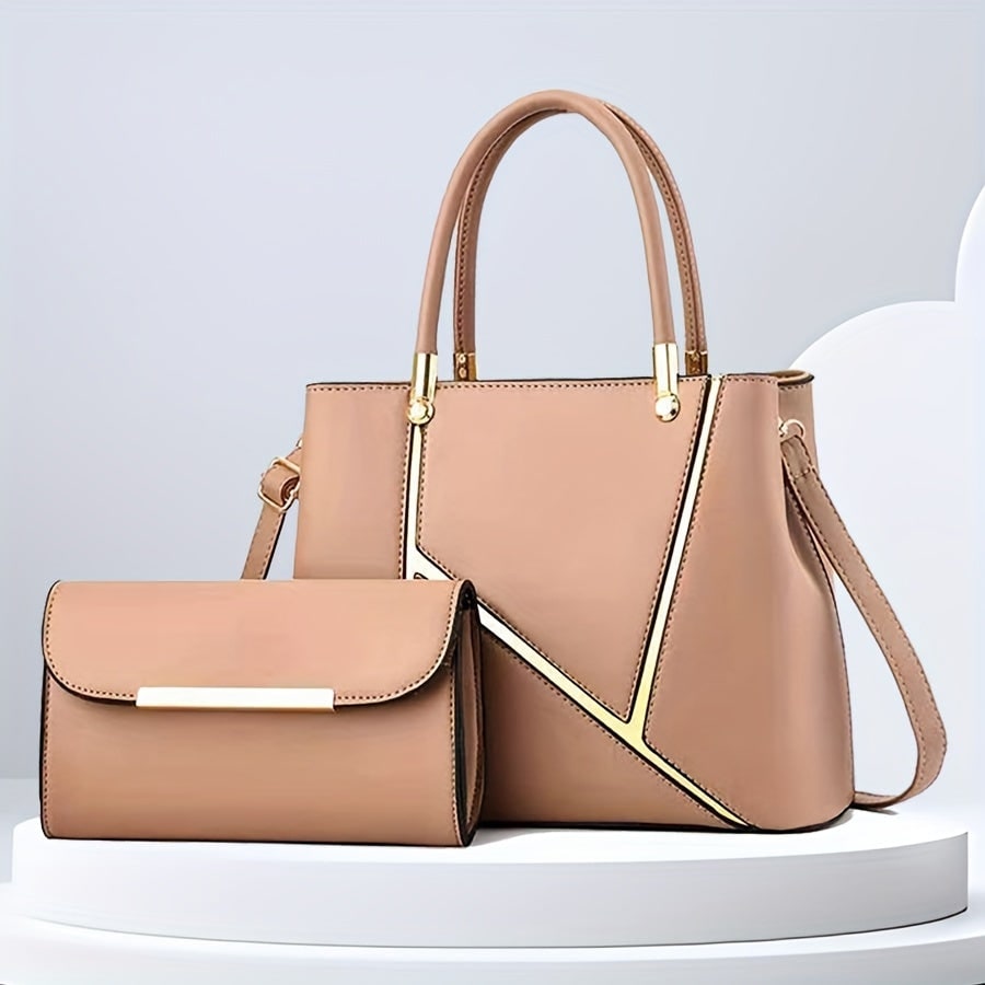 Set borse donna 2 pezzi in ecopelle: shopper capiente e tracolla, entrambe con dettagli oro, per look eleganti.