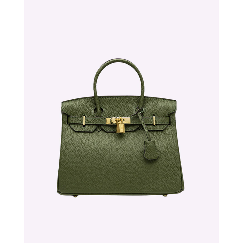 Borsa a mano strutturata da donna con linee pulite, manico rinforzato e lucchetto dorato, stile classico.
