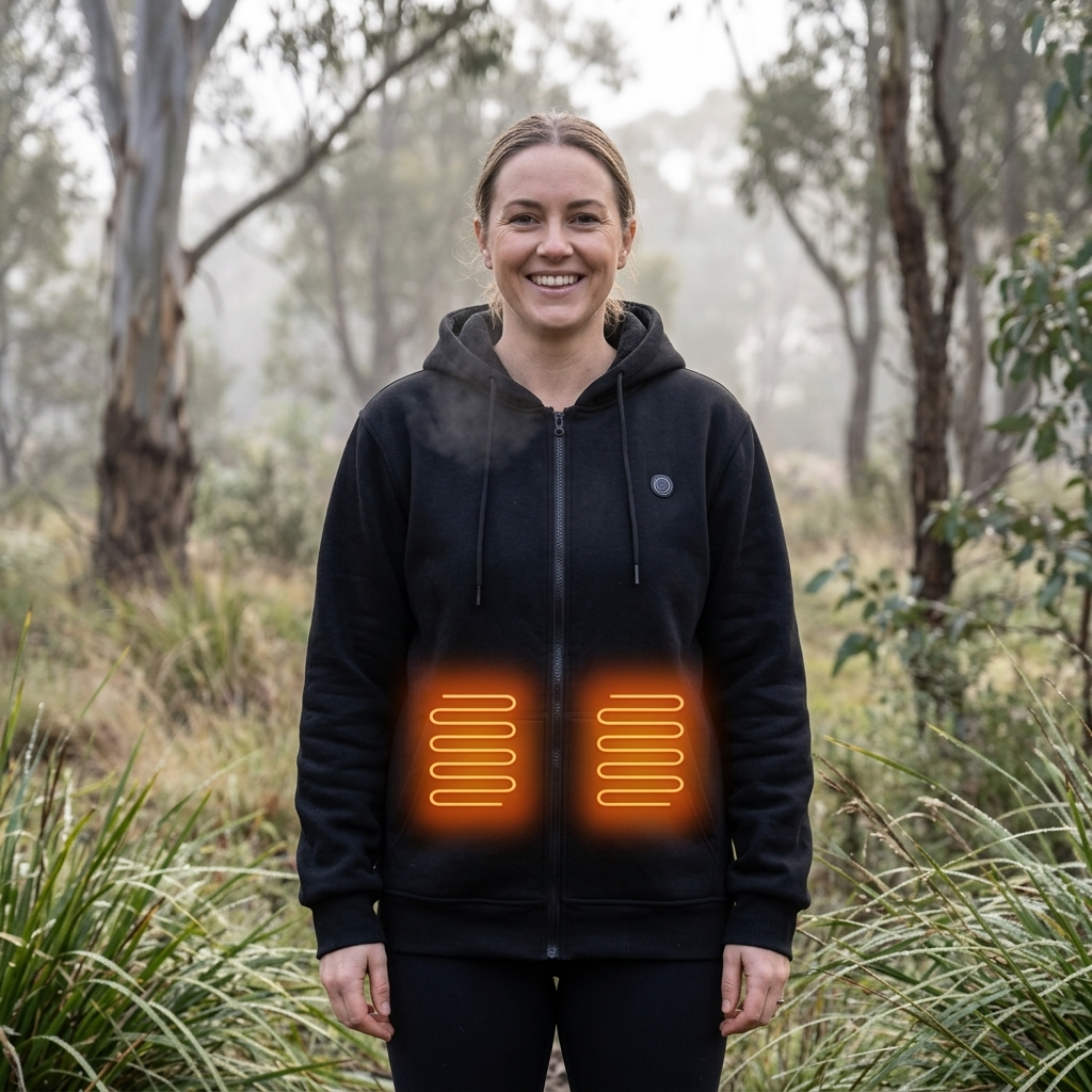 Gilet felpa riscaldata da donna con design moderno e tasca marsupio, ideale per l'abbigliamento invernale.