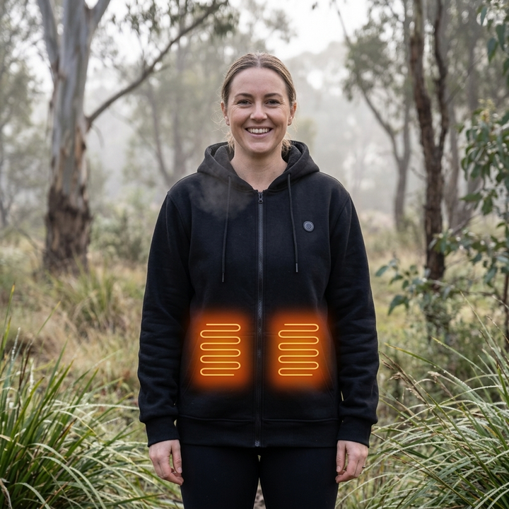 Gilet felpa riscaldata da donna con design moderno e tasca marsupio, ideale per l'abbigliamento invernale.