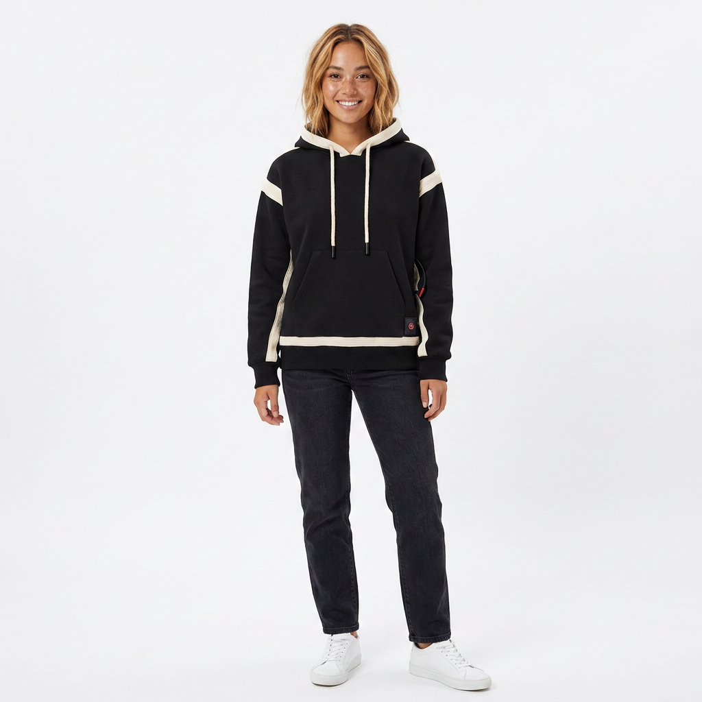 Donna con felpa riscaldata USB grigia durante escursione. Pullover riscaldato, ideale per avventure all'esterno in inverno.