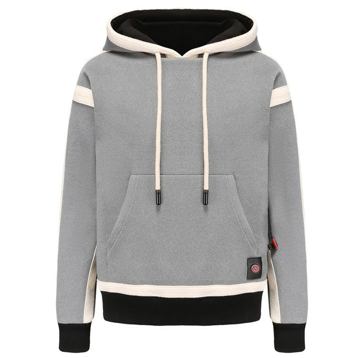 Modella indossa felpa riscaldata donna grigia frontale. Pullover riscaldato USB per calore e stile in inverno.