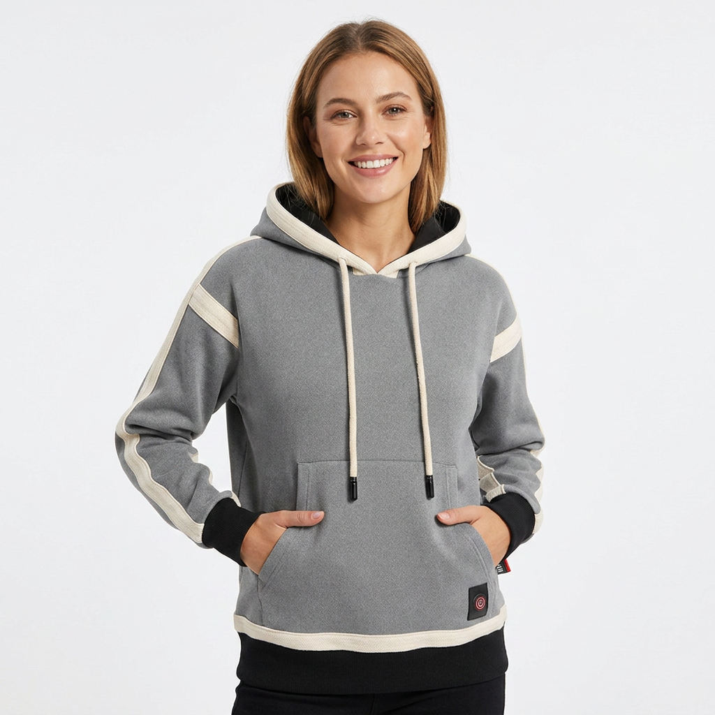 Felpa riscaldata donna, vista posteriore. Abbigliamento riscaldato USB che offre calore uniforme e comfort per l'esterno.