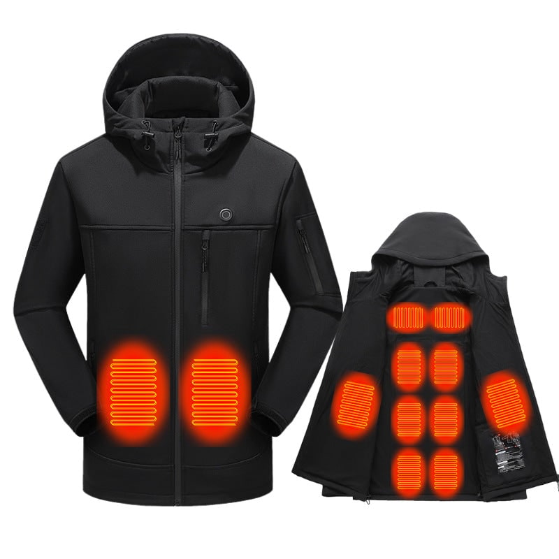 Giacca riscaldata da donna nera con cappuccio, zip completa e connessione USB, ideale per inverno outdoor.