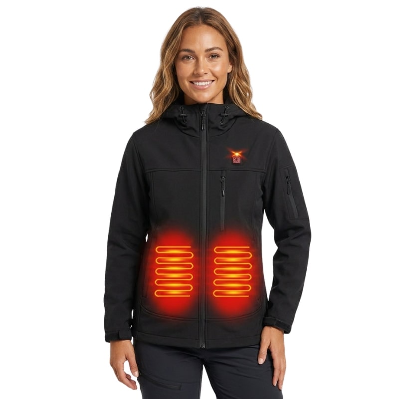 Dettaglio sistema riscaldante USB in giacca invernale da donna con cappuccio, per comfort termico outdoor.