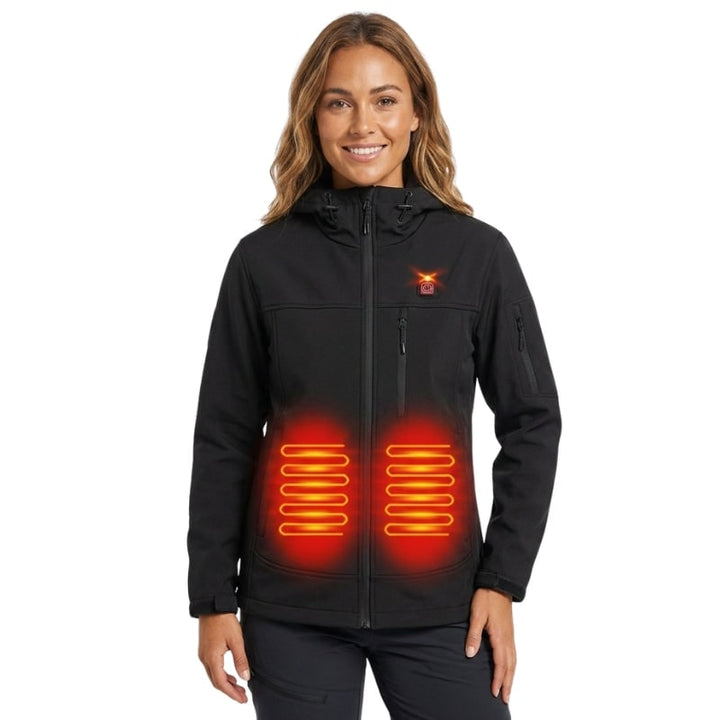 Dettaglio sistema riscaldante USB in giacca invernale da donna con cappuccio, per comfort termico outdoor.