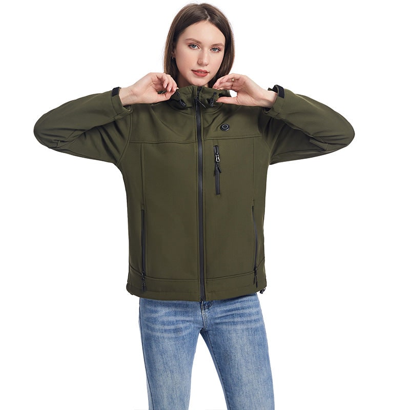 Schiena di giacca riscaldata da donna con cappuccio regolabile, ideale per l'inverno e attività outdoor.