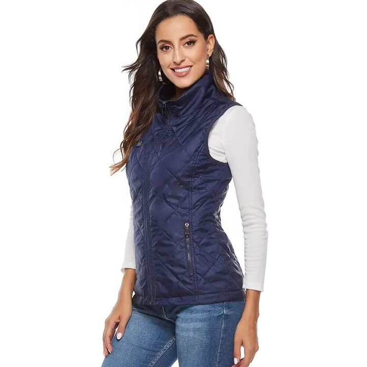 Gilet riscaldato USB da donna, offre calore elettrico invernale per attività all'aperto.