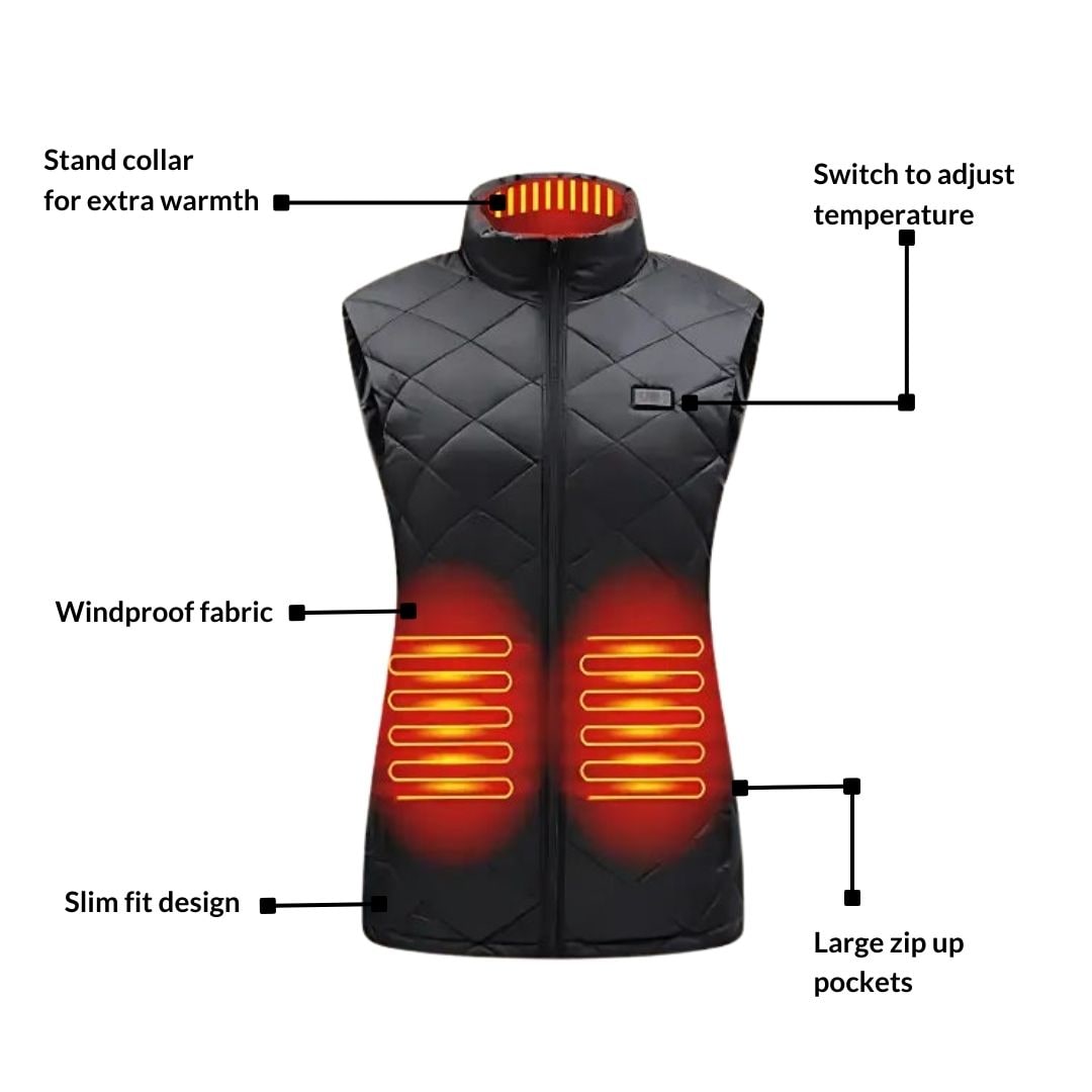 Gilet riscaldato donna per inverno, slim fit con USB, perfetto per viaggio e passeggiate.